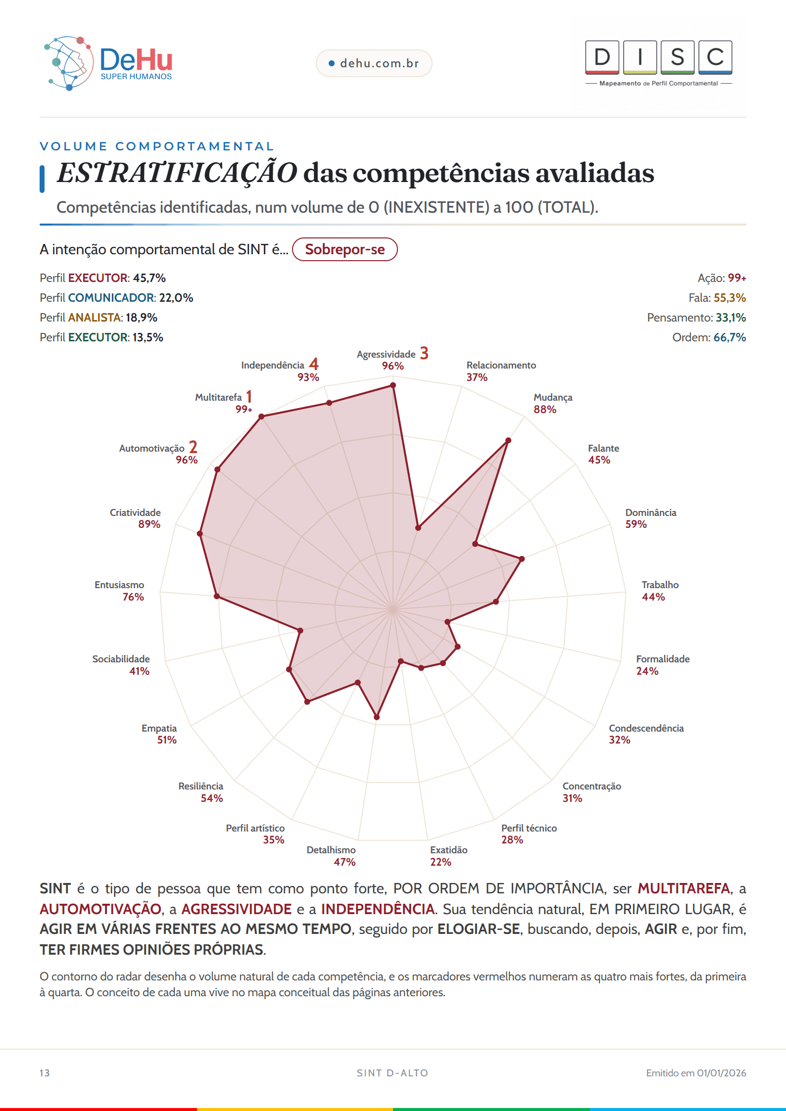 Página do relatório DISC com o radar de competências e os percentuais