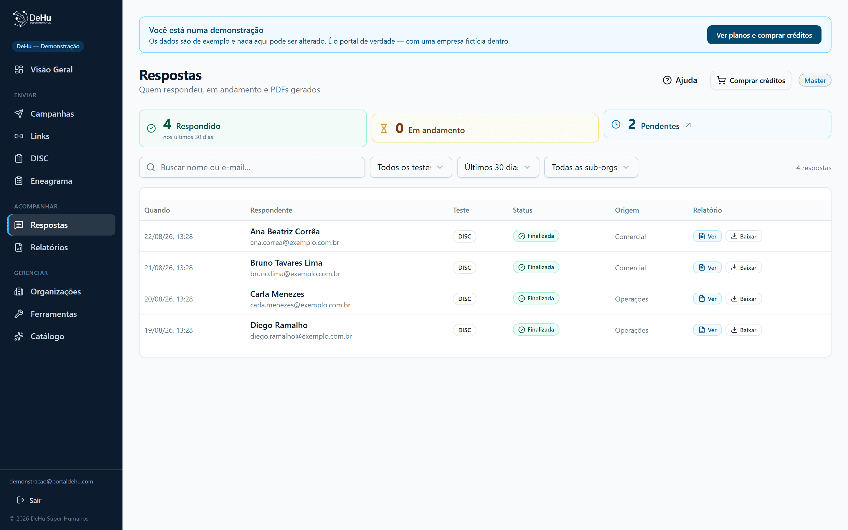 Tela de respostas do portal DeHu: lista de respondentes com o teste aplicado, o status de cada um e os botões de ver e baixar o relatório